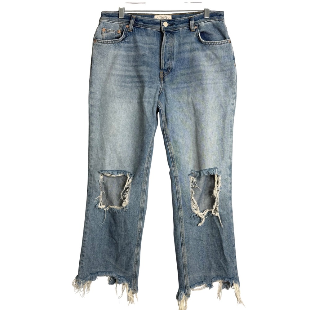 Free People Maggie Mid Rise Straight Leg Jeans Womens 29 Blue Distressed Frayed